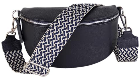 MIRROSI® Bauchtasche Damen, Echtleder, Made in Italy, Umhängetasche, Brusttasche, Crossbody Bag (1 Tasche & 2 Gurte) (Navy (Flecht), Große Tasche (28x18x9cm))