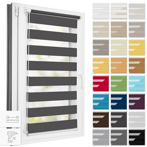Estika Doppelrollo Klemmfix ohne Bohren, Breite alle 1 cm - 60 cm x 150 cm - Anthrazit - Tag und Nacht Duo Rollo, Rollos für Fenster ohne Bohren, Fenster sichtschutz