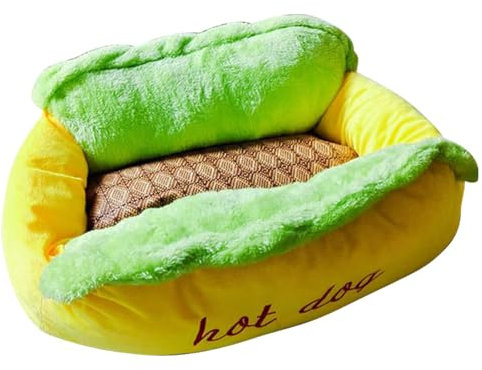 Beruhigendes Hundebett – Tier-Bettwäschehaus, Hot-Dog-Zwinger, personalisierbar, abnehmbares Haustierbett, gefüllte Hotdog-Form, Kissen mit Reißverschluss für kleine, mittelgroße und große Haustiere,