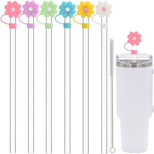 ALINK 12 Pack Anus wiederverwendbare Strohhalme und Abdeckungen für 40 oz Stanley Adventure Travel Tumbler Cup, Kompatibel mit 40oz 30oz 20oz 14oz Stanley Wasserkrug-Blumen