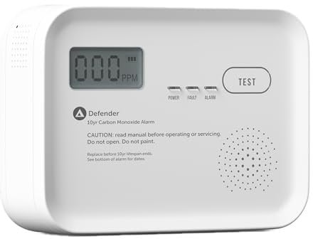 Defender 10 Year Carbon Monoxide Alarm BSI Rated - Battery Powered CO Detector - Carbon Monoxide Monitor LCD Digital Display - EN50291 Standard
