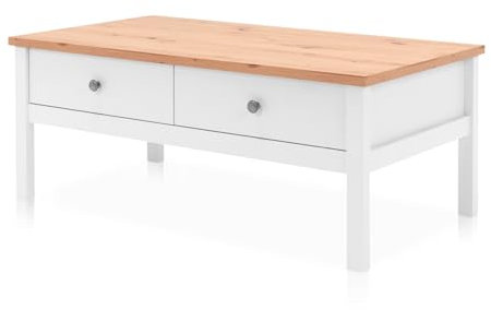 KHG Couchtisch 2 Schubladen Landhaus, Tisch aus Holzwerkstoff weiß foliert, Deckplatte Holzoptik Asteiche foliert, Silberne Metall-Griffe, 50kg belastbar, 100 x 40 x 55 cm (B/H/T)