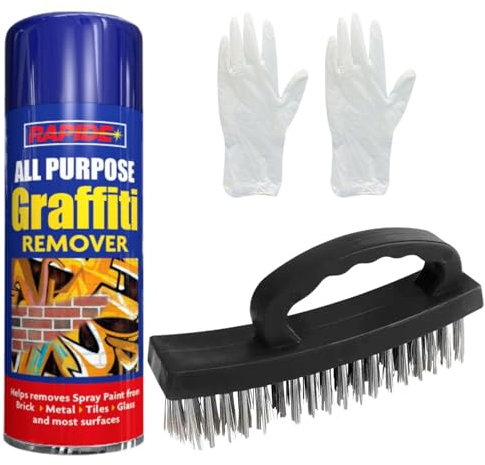 Graffiti Remover Paint Stripper Set - Bundle With Stiff Bristle Wire Brush, Pair of Gloves and Graffiti Remover Spray