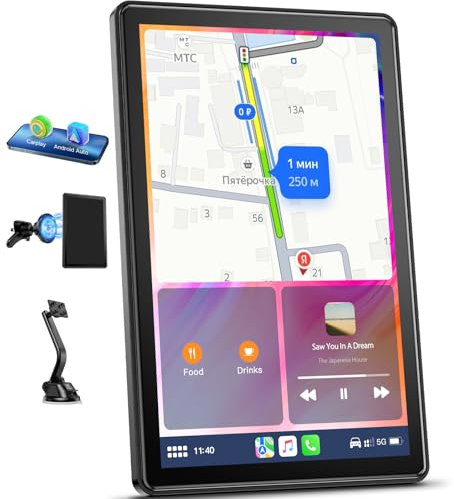 HOTPEAK 8 inches Carplay Screen for Car with Wireless Carplay Android Auto, Portable Carplay for Apple with Live Navigation, Super Link, Voice Control, Magnet Mount, Horizontal and Vertical Screen,OTA