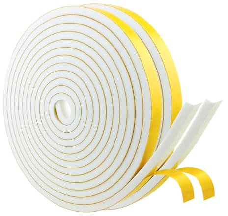 Lot de 2 rouleaux de ruban d'étanchéité autocollant en mousse - Blanc - 10 mm x 6 mm - En caoutchouc mousse - Pour porte, fenêtre - Résistant aux intempéries, anti-collision - Isolation acoustique
