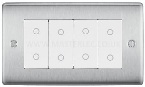 BG NBSTDM4W Brushed Steel 4 Gang Quad Master Touch Dimmer Switch White Inserts
