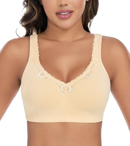 DotVol Women's Lace Cotton Comfort Plus Size Full Cup Minimizer Non Foam Wireless Bra(Nude,36D)