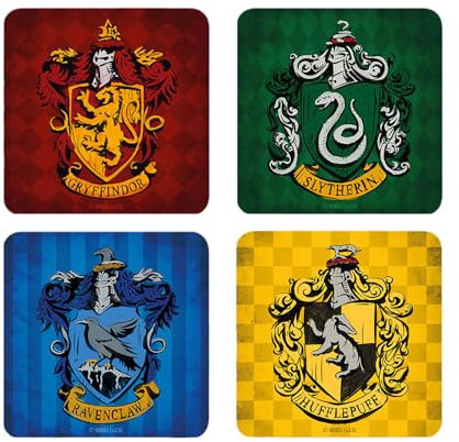 Elbenwald Set de 4 Posavasos con diseño de Las Casas de Harry Potter - Idea de Regalo - Posavasos Cuadrados - para Todo Tipo de Tazas - Multicolor - Corcho, plástico