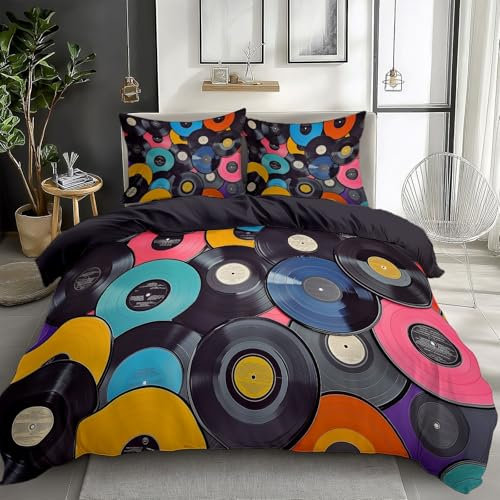 Quixora Retro, Stilvolle Farbige Vinyl-Schallplatten Bettwäsche Set Nachthimmelgrau Bettbezug mit Reißverschluss Pflegeleicht Atmungsaktiv Mikrofaser 155 x 220 cm 2 Kissenbezug 80x80cm