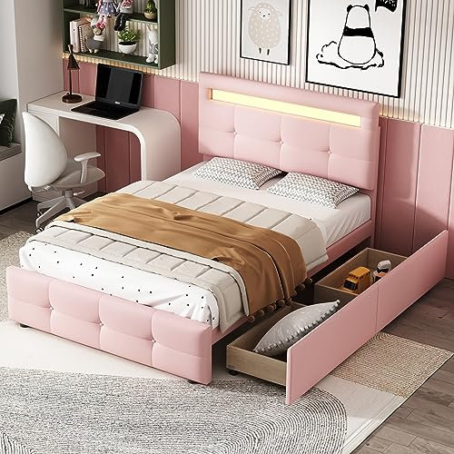 ROISDIYI Polsterbett 90 * 200cm Kinderbett mit LED-Leuchten, 2 Schubladen, hautfreundlicher Leinenpolsterung flach Einzelbett Jugendbett Gästebett (Beige) (Pink)