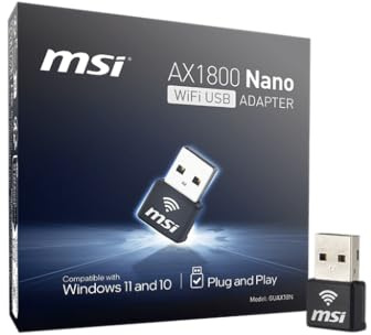 MSI AX1800 Nano WiFi USB Adapter - WiFi 6, Up to 1800Mbps, 2.4G/5G Dual Band Wireless Network, WPA3 Encryption, MU-MIMO, OFDMA, 2X Dual Antennas, Windows 11/10