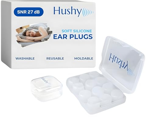 Hushy EarPlugs for Sleeping, 6 Pairs|Ultra Soft 27dB Noise Cancelling Ear Plugs for Sleep, Snoring & Travel|Universal Size Silicone EarPlugs|Waterproof, Reusable.