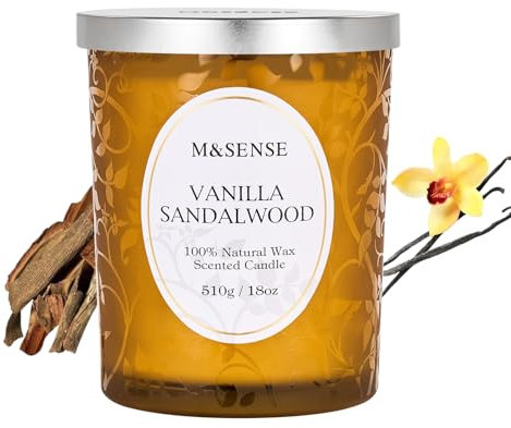 M&SENSE Vanille Sandelholz Duftkerze mit knisterndem Holzdocht 510g 100std Brenndauer Sojawchskerze Aromatherapie Kerzen mit Holzdocht für Entspannung Meditation