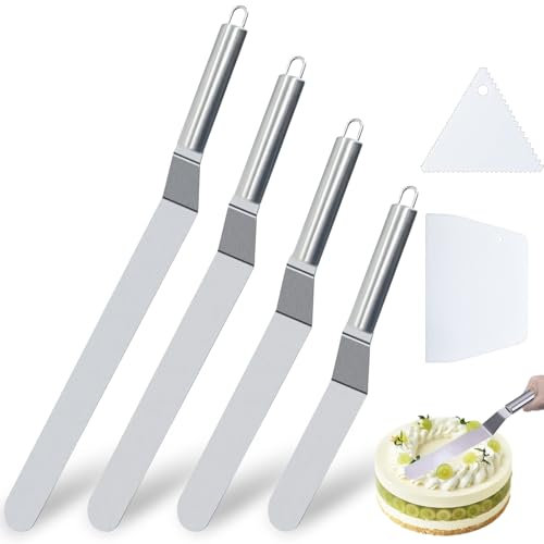 NVGVUP Angle Palette Stainless Steel Set, 4 Spreading Palettes for Cakes and 2 Dough Scrapers, Angle Palette Cake, Cake Spatula for Baking, Spreading Cream and Decorating Cakes, Pastries (Silver)
