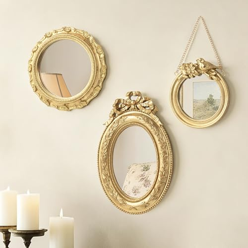 AELS 3 Stück kleiner antiker goldener Spiegel Wanddekoration, Wandbehang, Luxus-Wohnkultur, Vintage-Wandspiegel, kleine dekorative Spiegel für Wohnzimmer, Eingangsbereich, Schlafzimmer, Vogelschleife