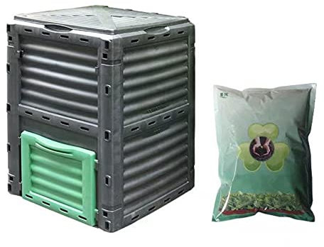 Composteur électrique Poubelle à compost de 300 L (80 gallons) avec accélérateur de compost de 1 kg, grande boîte de compostage d'extérieur avec couvercle rabattable sur le dessus et porte de sortie i