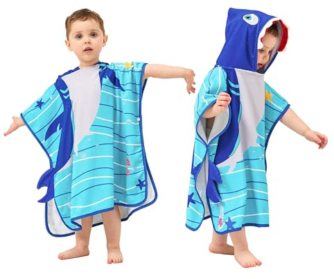 LOLANTA Kinder Badeponcho Hai mit Kapuze, Schnell Trocknendes Kapuzenhandtuch aus Weicher Mikrofaser für Strand & Pool für Jungen & Mädchen (Hai-Motiv, 2-4 Jahre, S)
