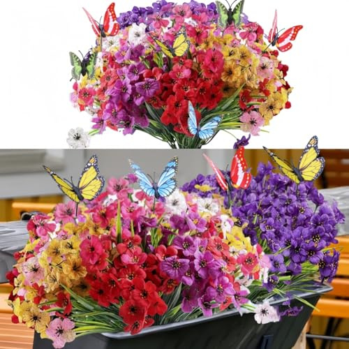 YELIKIT 18 paquetes de flores artificiales para decoración al aire libre, plantas sintéticas, flores de verano, otoño, primavera, flores coloridas de seda falsa para jardín, porche, boda, decoración