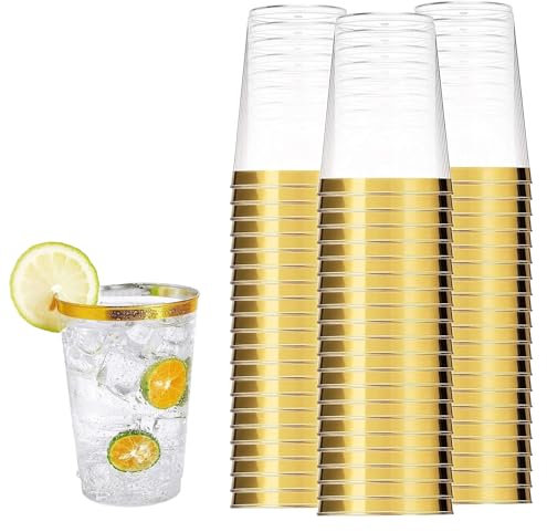 WEELOO Lot de 50 gobelets rigides transparents à bords dorés - Réutilisables - Pour cocktail, champagne, bière, martini, dessert, vin, mariage, anniversaire, fête