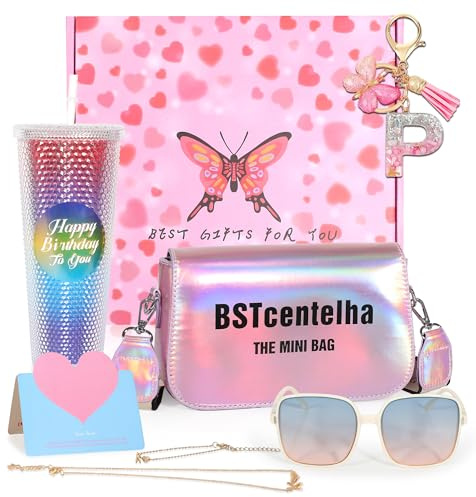 BSTcentelha Cadeaux d'anniversaire personnalisés pour Les Filles âgées de 8, 9,10,11,12,13,14,15Ans | Bouteille d'eau d'arc-en-Ciel,Lunettes de Soleil,Porte-clés,Sac à bandoulière, Cadeaux pour filles