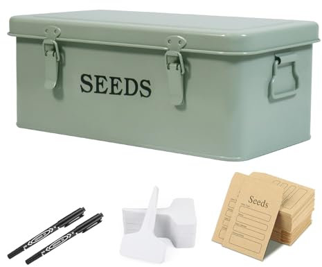 Gzsekken Seed Storage Box Organiser,Metal Seed Box with Safety Lock Lids,4 Compartment Flower Packet Container with 2 Pens, 20 Plant Labels and Envelope, Garden Seed Saving Tin for Gardening Gifts