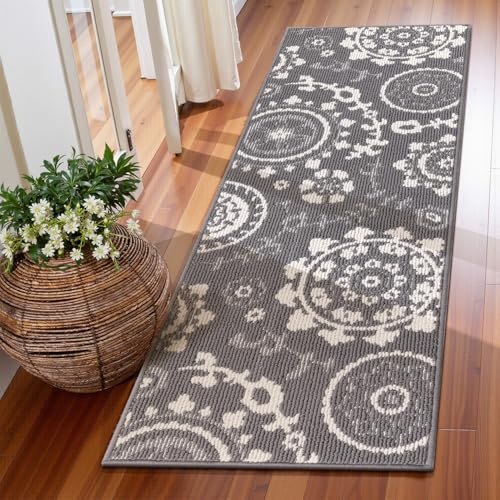 Homodeco Langer Teppich Läufer Flur rutschfest, Kurzflor Schlingenflor Flurteppich Läufer Lang Flurläufer Modern, Küchenteppich Waschbar, Teppichläufer für Flur, Wohnzimmer, Küche, Grau, 50 x 150 cm