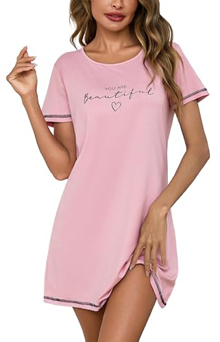 Bresdk Chemise De Nuit Femme Chemises de Nuit Courte Coton Vêtements de Nuit à Imprimé Cœur Col Ras du Cou Robe