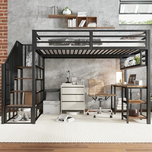 Mielvu - Letto in ferro, letto a soppalco, con scale e corrimano, con scrivania e scaffale portaoggetti, con solido materasso a doghe, in ferro e truciolato, colore: nero+scuro, 120x200 cm