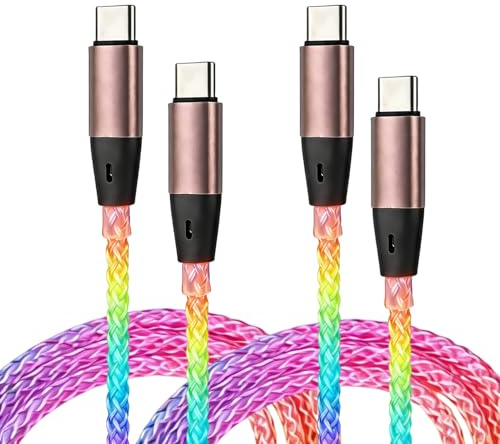 2 Stück RGB USB C to Type C Charging Cable, USB-C-Kabel, Leuchtendes USB-C auf USB-C Kabel 1 m, RGB LED Ladekabel mit Atemlichteffekt, PD Schnellladen bis 66 W, TPE flexibel für Typ-C Geräte