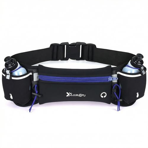 Running Belt with Water Bottles (2 x 175ML), Hydration Belt for Men and Women, Water Bottle Holder Running Pouch Belt, Fanny Pack Fits 7 inches Phones, Waist Pack for Running Hiking Climbing (Blue)