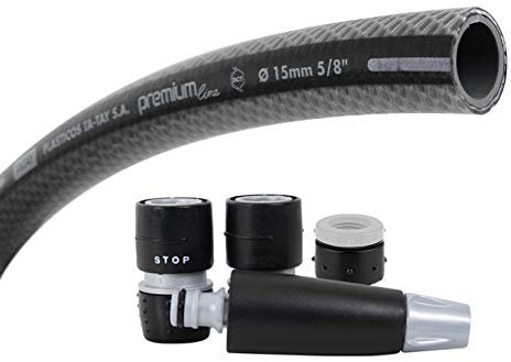 TATAY Manguera de Jardín PREMIUM con Kit de Riego, 15 Metros, 5/8 15mm de Díametro, de 4 Capas PVC Poliester, Resistencia 39 Bares y -20º a 60º, Antitorsión, Antialgas, Libre de BPA.