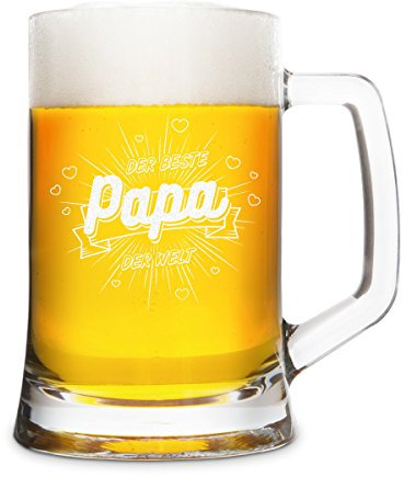 Bierkrug 0,5L mit Gravur der Beste Papa der Welt Geschenk zu Weihnachten, Vatertag, Geburtstag, mit Henkel, festes Glas