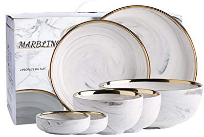 Set di Posate in Ceramica da 7, Set di Piatti in Marmo Dorato per Uso Domestico, Set di Ciotole per Ciotola in Stile Nordico