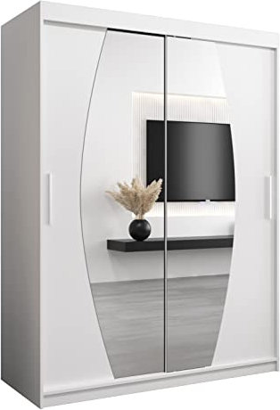 MEBLE KRYSPOL Elypse 150 Schlafzimmerschrank mit Zwei Schiebetüren, Spiegel, Kleiderstange und Regalen – 150x200x62cm - Mattweiß