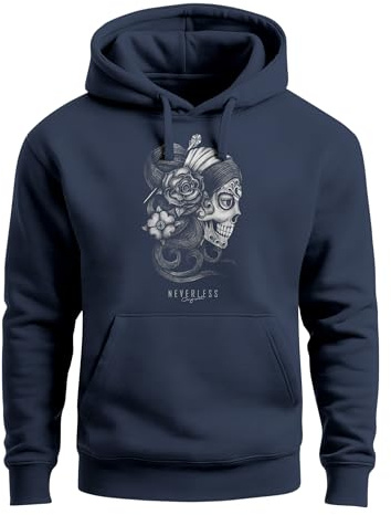 Neverless® Hoodie Herren Santa Muerte La Catrina Mexican Skull Dia de los Muertos Tattoo Design Kapuzen-Pullover Männer Navy L