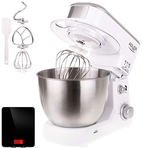 Adler Batidora Amasadora repostería Profesional Robot Cocina Orbital, 6 velocidades, 4 litros, 1000W MAX., Blanco + báscula Cocina