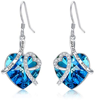 Sterling Silber ''Ich liebe dich'' Herz Ohrringe Damen, Hochzeitstag Geburtstag Geschenke für Frauen Sie Frau Mutter Freundin (Blau)