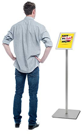 MyMAXXI | Menüboard Shop DIN A4 Klapprahmen Einseitig freihstehend, mobiler Plakathalter auf Aluminiumprofil, Plakatständer mit Standfuß aus Edelstahl silber, Bodenständer