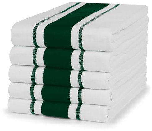 100% Cotton Tea Towel - Forest Green Stripe Pattern, Pack of 5 | Kitchen Towel Set | Absorbent, Strong, Quick Dry & Machine Washable | Home & Bathroom Accessories