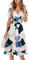 OUGES Damen Sommerkleid Kurzarm V-Ausschnitt Knielang Blumenmuster Midi Kleid mit Taschen(FloralY, L)