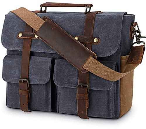 NUBILY Aktentasche Herren Umhängetasche Leder Canvas Arbeitstasche Schultertasche für Herren, Laptoptasche Messenger Bag für 15,6 Zoll Laptop,Grau