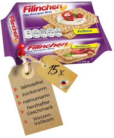Filinchen Vollkorn 15x75 g – knuspriges Brot laktosefrei & zuckerarm | Leichtes Vollkornbrot Set inkl. DDR Kochbuch & Karte - bekömmlicher Snack für Frühstück & Pausen - 1,125 kg Vorratspack
