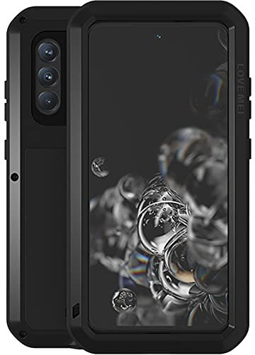 Love Mei Kompatibel mit Samsung Galaxy S21 FE Metall hülle, Powerful Hybrid Schutz stoßfest wasserdicht Fall Schutzhülle,mit Eingebautem Gehärtetem Glas Displayschutzfolie (S21 FE, Schwarz)