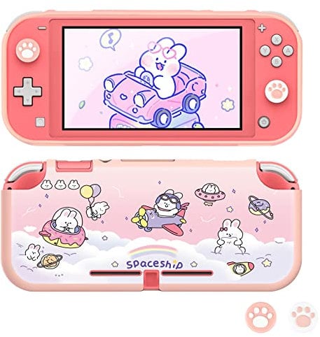 DLseego Protector Case for Switch Lite, Pink Painted Soft case with Thumb Grip Cap-Pink Space Bunny