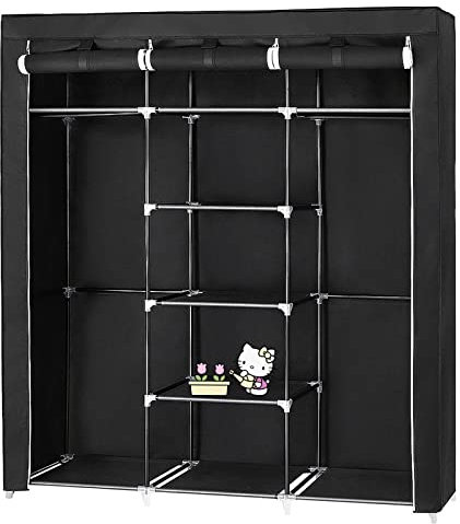 Stoffschrank Faltschrank Garderobe mit Kleiderstange, Vliesstoff, fürs Schlafzimmer, AufbewahrungsschrankGarderobenschrank mit Gitterablagen aus Eisen mit Tür und Kleiderstangen,175*150*45cm- Schwarz