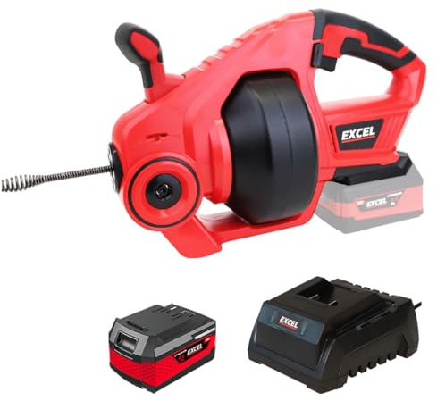 Excel 18V Cordless Drain Cleaner with 1 x 4.0Ah Battery & Charger - Pipe Capacity 20-50mm - Drain Auger - LED Light