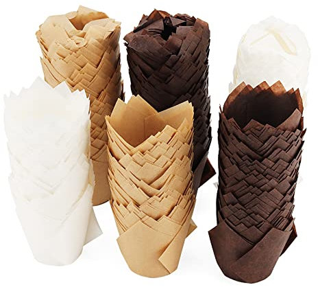 JAPCHET 600 pirottini per cupcake a tulipano, per muffin e matrimoni, compleanni, colore marrone, bianco e caffè