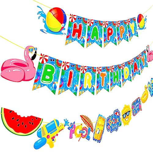 Pool Happy Birthday Banner 3 Stück Schwimmbad Party Ausschnitt Girlande Banner Sommer Schwimmen Party Dekorationen für Pool Thema Babyparty Zubehör