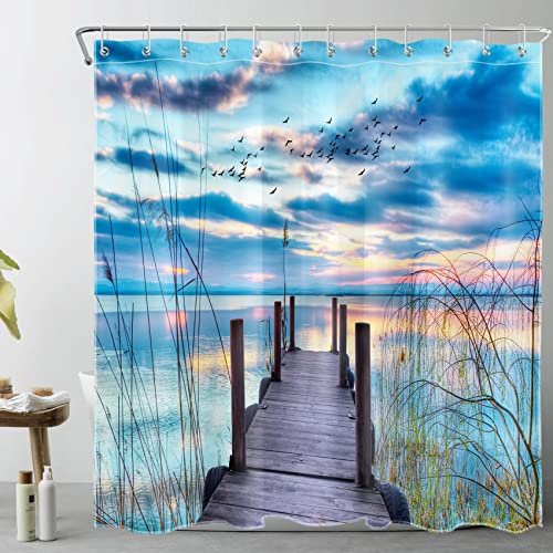 LB Costa Blu Tenda Doccia 180x180cm Cielo al tramonto sul mare Tende da Bagno con Ganci, Ponte di legno con pianta Impermeabile Antimuffa Poliestere Casa Decorazione