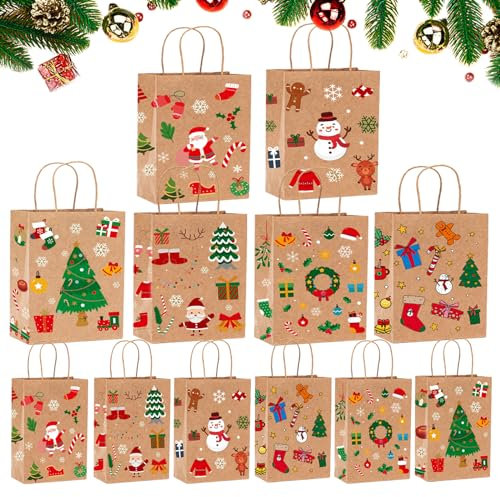 Daover Geschenktüten Weihnachten, 12 Stück Papiertüten Weihnachten Geschenktüten mit Henkel, Weihnachtstaschen aus Kraftpapier